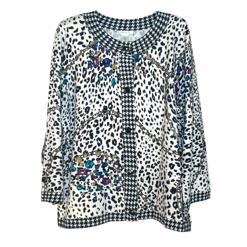 Laura Ashley Women's Size L Cardigan Silk Blend Button Up Cheetah Jeweled